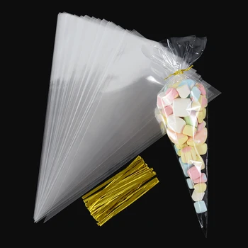 Sacs de rangement de bonbons à cône transparent, 50 pièces, sac en plastique transparent, sacs à bonbons pop-corn pour réception-cadeau pour bébé, sacs de fête de mariage, fournitures 1