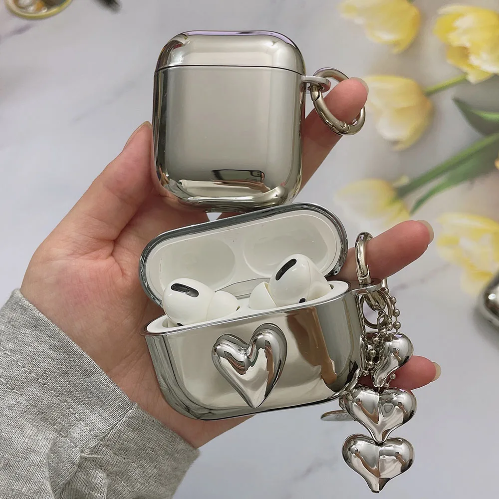 Electroplated Silver Soft TPU Earphone Protective Cover with Heart Keychain Accessories