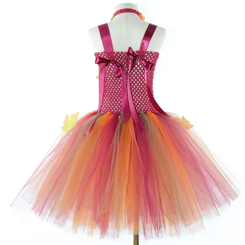 Girls Fairy Costume Forest Woodland Autumn Tutu Dress Up Maple Leaves Kids Halloween Thanksgiving Tulle Princess Dress