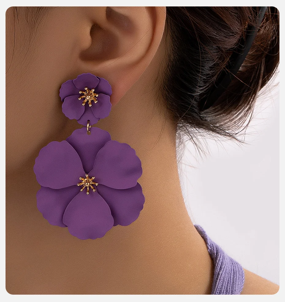 Vnox Neue Trendige Sprühlackierte Bunte Blumen-Ohrringe Exquisite Niedliche Doppelschichtige Blumen-Charm-Ohrhänger Geschenk – Detail 6