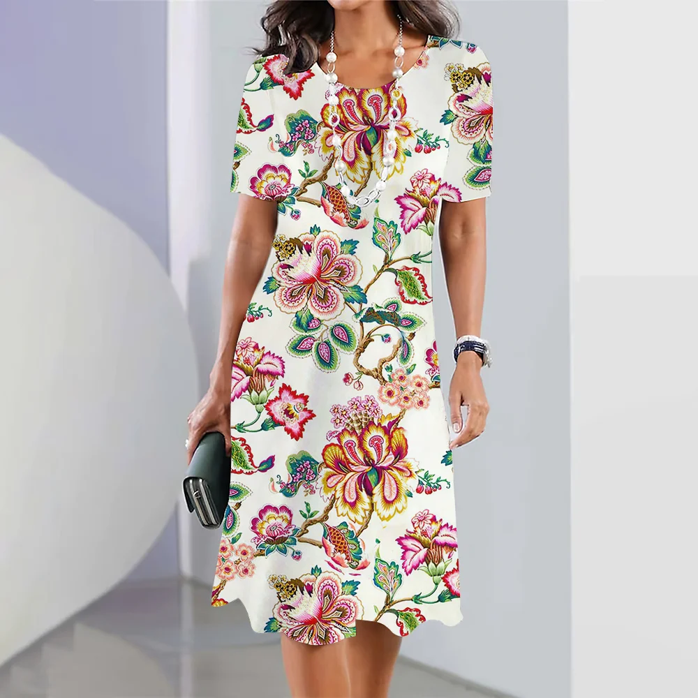 Vestido De Verano Bohemio Para Mujer | Estampado Floral | Manga Corta Y Cuello En V | Tejido Ligero De Poliéster