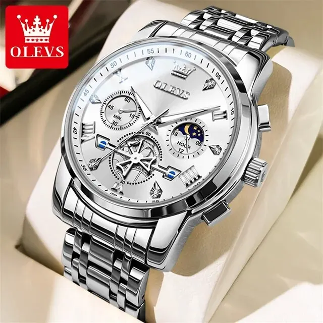 OLEVS Men's Luxury Quartz Wristwatch - Moon Phase Chronograph, Waterproof & Luminous