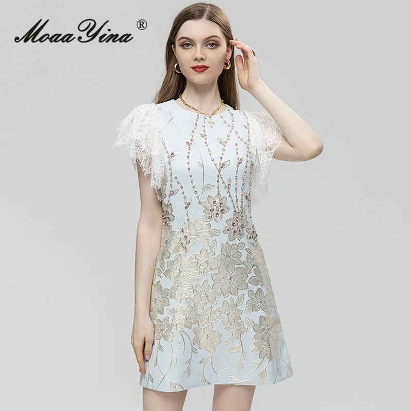 

MoaaYina Fashion Designer Summer Loose Fit Mini Dress Women's O-Neck Short Sleeve Beading Diamonds Jacquard Party Luxury Dress