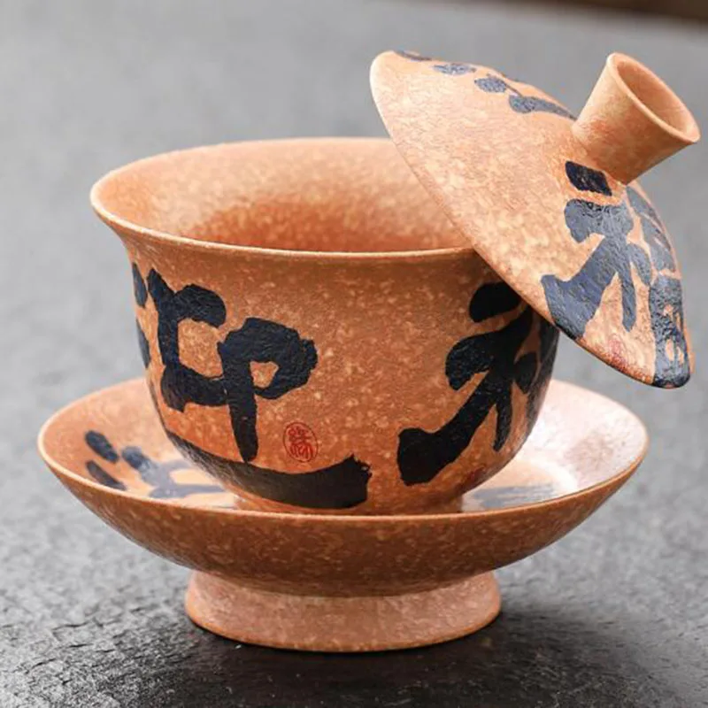 Chinese Style Retro Tea Tureen Flint Red Color Sancai Gaiwan Ceramic Crafts Kungfu Tea Bowl Cup Kitchen Drinkware