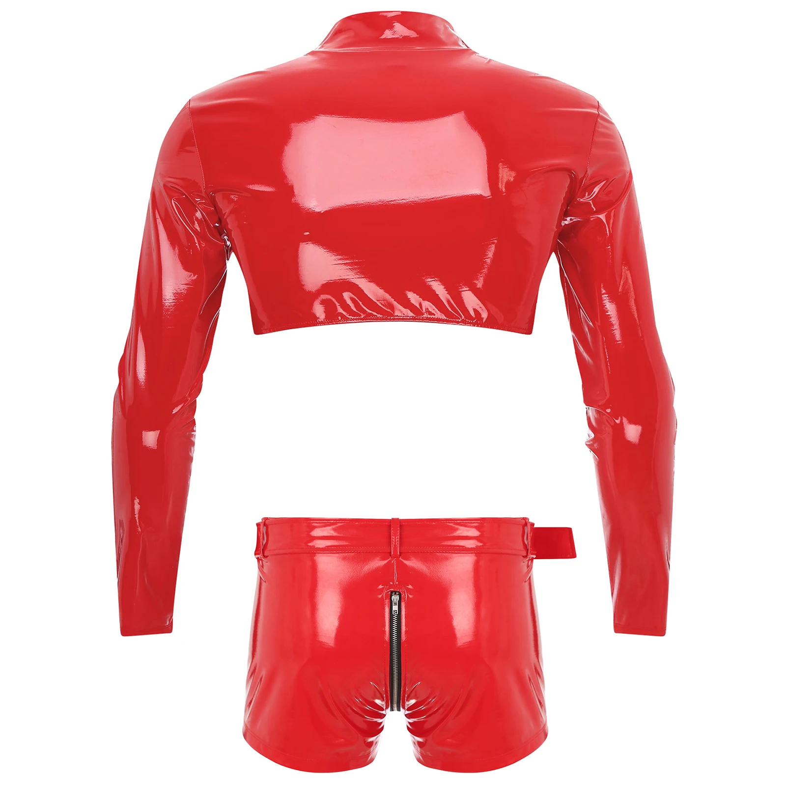 Men Glossy Patent Leather Costume Wetlook Outfit Long Sleeve Zipper Crop Top And Zip Crotch Boxer Shorts Set Clubwear Nightwear 2