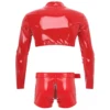 Men Glossy Patent Leather Costume Wetlook Outfit Long Sleeve Zipper Crop Top And Zip Crotch Boxer Shorts Set Clubwear Nightwear 2