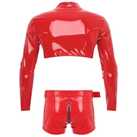 Men Glossy Patent Leather Costume Wetlook Outfit Long Sleeve Zipper Crop Top And Zip Crotch Boxer Shorts Set Clubwear Nightwear 2