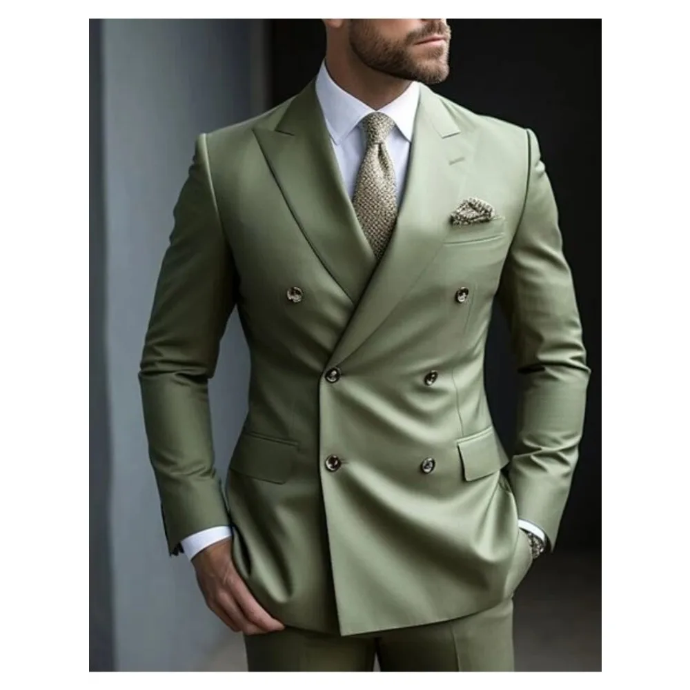 Green Men's Suits Solid Color 2 Piece Wedding Double Breasted Groom Formal Business Suits Daily Wear Tailored Made Male Blazers