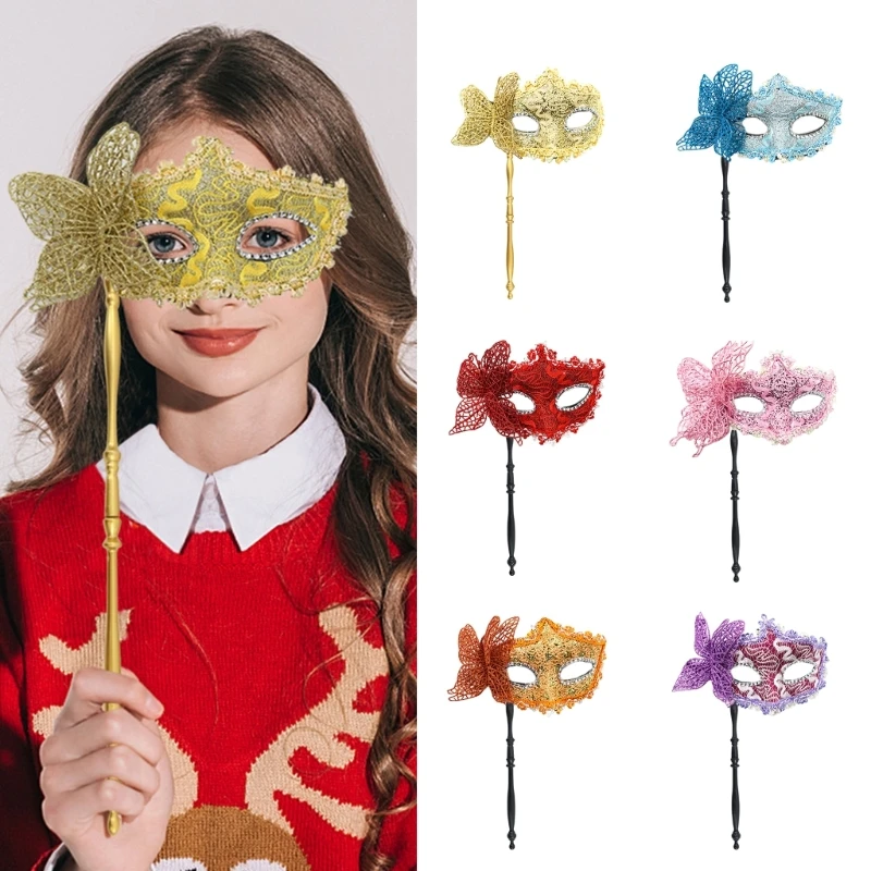 

Masquerade Mask with Holding Stick Sequins Queen Mask Half Face Mask Halloween Party Mask Evening Prom Mask for-Carnival