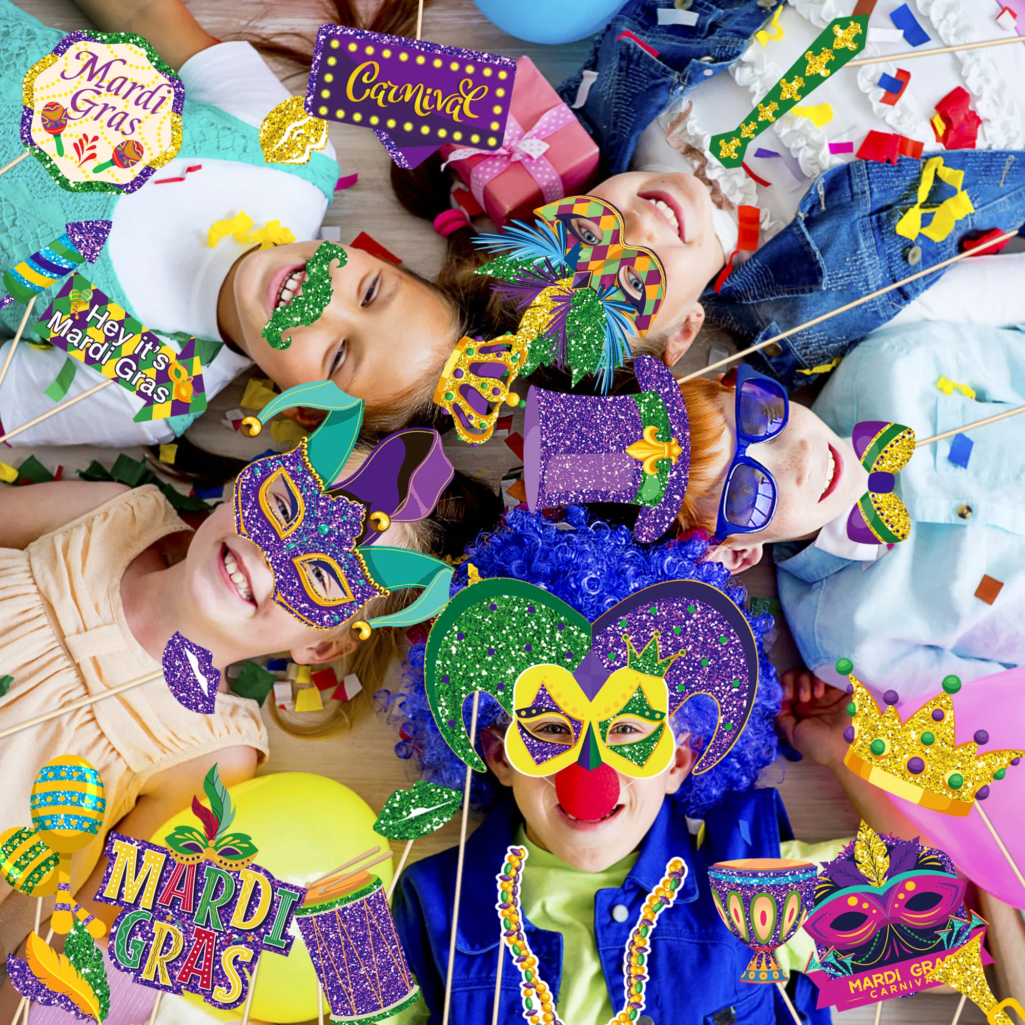 Mardi Gras Party Photo Booth Props Mask Crown Hat Drum Handheld Photo Props Carnival Photobooth DIY 25pcs