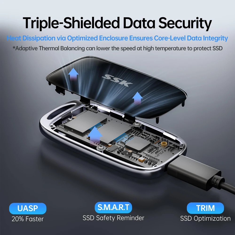 SSK 외장 하드 드라이브 휴대용 SSD 드라이브 최대 2000MB/s USB 3.2 외장 솔리드 스테이트 드라이브 (아이폰, 맥, 노트북용, LED 포함)