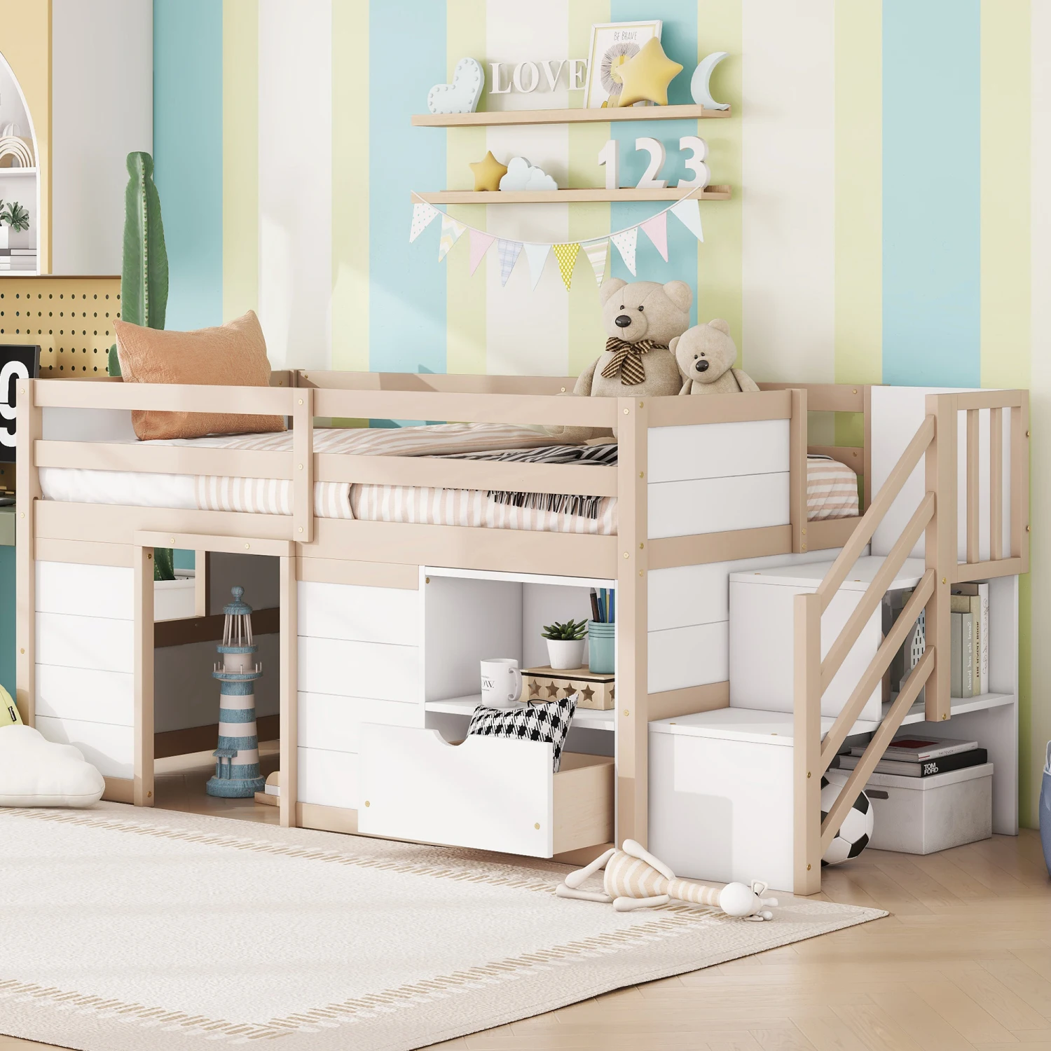 SOLID WOOD TWIN SIZE LOW LOFT BED WITH STAIR, DRAWER, AND SHELF FOR CREAM + WHITE COLOR 2