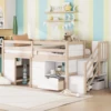 SOLID WOOD TWIN SIZE LOW LOFT BED WITH STAIR, DRAWER, AND SHELF FOR CREAM + WHITE COLOR 2