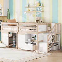 SOLID WOOD TWIN SIZE LOW LOFT BED WITH STAIR, DRAWER, AND SHELF FOR CREAM + WHITE COLOR 2