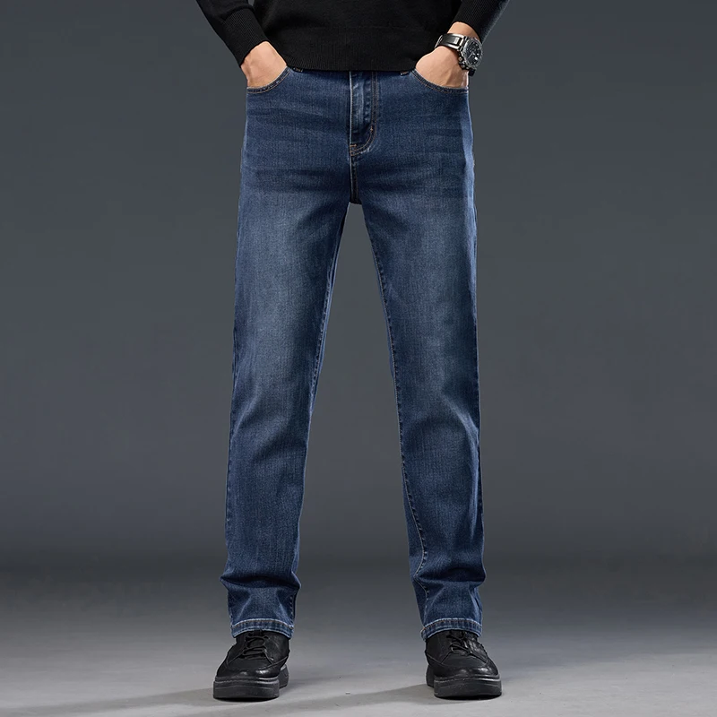 Men's Jeans Autumn New High Waist Business Casual Straight Trousers Classic Blue Black Elastic Washed denim Pants Brand Clothing 2
