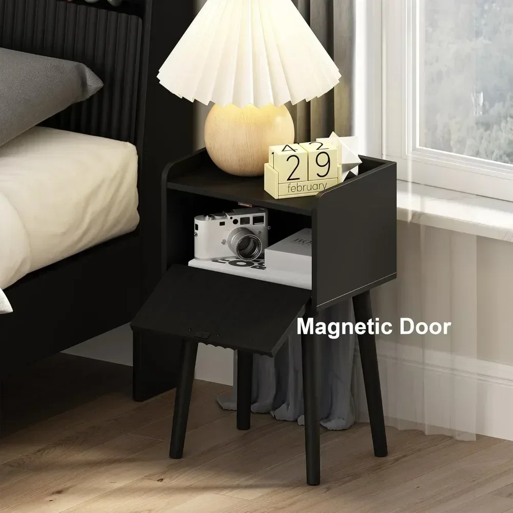 Nightstand Set of 2, Small Bed Side Table with Fluted Door, End Table with Solid Wood Legs, Mid-Century Bedside Table for Bedro