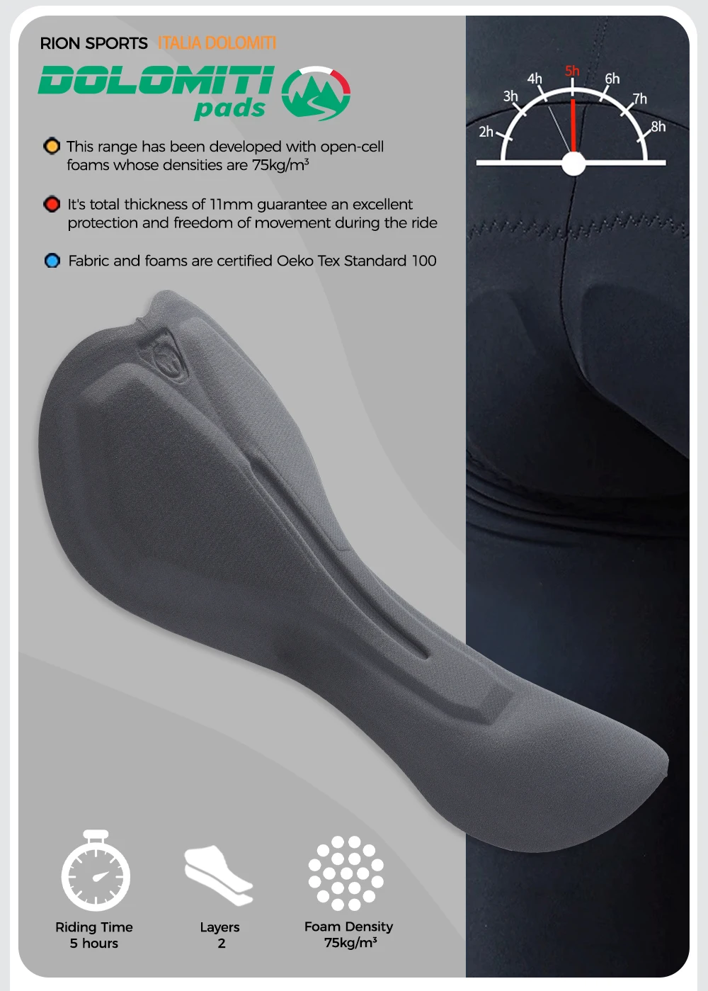RION Männer Radfahren Trägerhose MTB Mountainbike Strumpfhosen Lätzchen Fahrrad Kleidung Italienische Dolomiti Pad 5H Fern Reiten im Freien – Detail 6