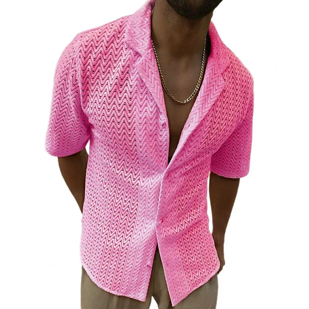 

Men Shirt Hollow Out Lapel placket Short Sleeve Knitwear Loose Top Male Summer chemise homme