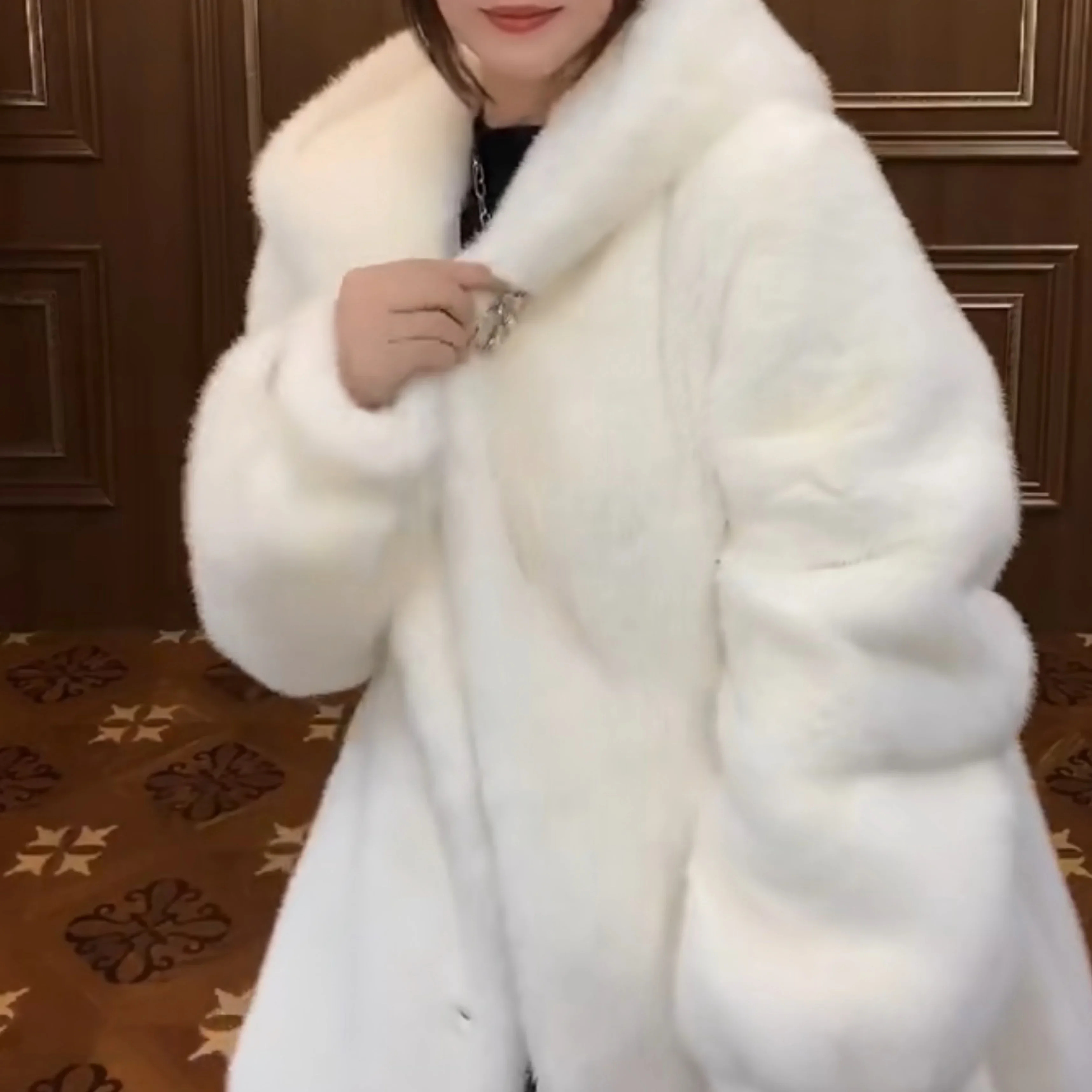 White Hooded Fur Coat for Women 2023 Winter New Double Face Wool V-neck Single Breasted Warm Leisure Trend Long Sleeve Jacket