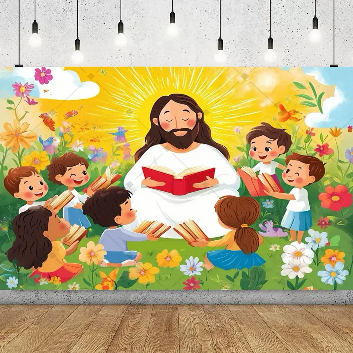 2D Frühlingsgarten Jesus und Kinder Themen-Party-Dekoration Hintergrund Outdoor Naturszene Lehrreiches Partyzubehör Deko-Banner – Detail 5