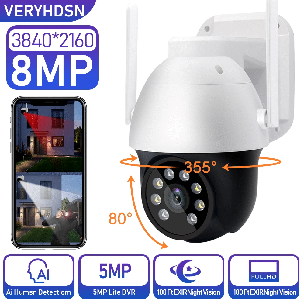 Outdoor 8MP WIFI Cameras AI Motion Tracking IP Camera Security Surveillance Night Vision Full Color Wireless Waterproof CCTV Cam