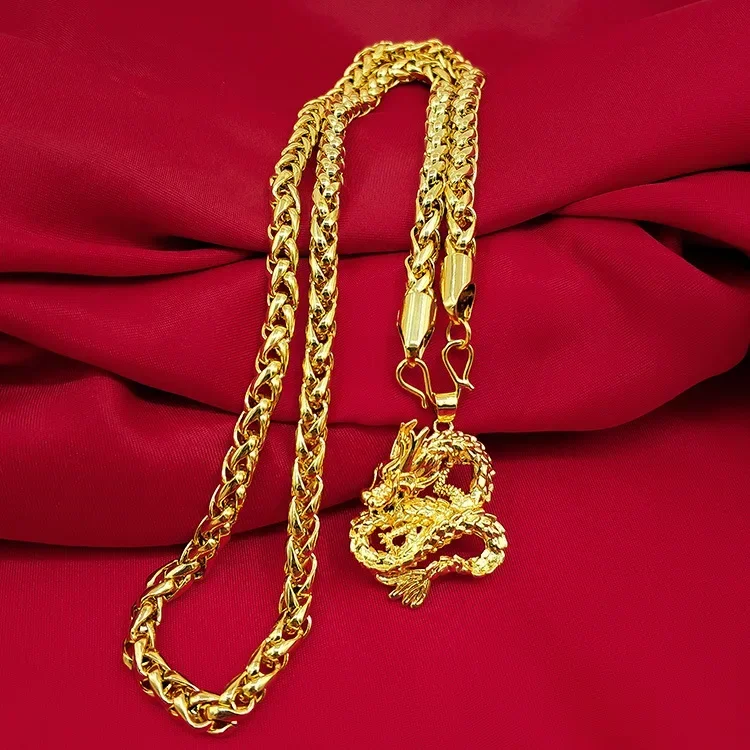 High-quality 9999 clavicle chain 24K real gold necklace hollow Guam golden dragon pendant men wish you good luck Buddha chain