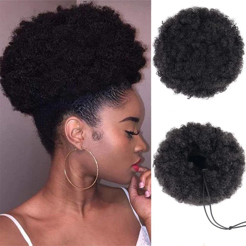 8 inch Afro Puff Human hair Ponytail Kinky Curly High Bun HairPiece African American Clip In On Updo Extensions for Black Women