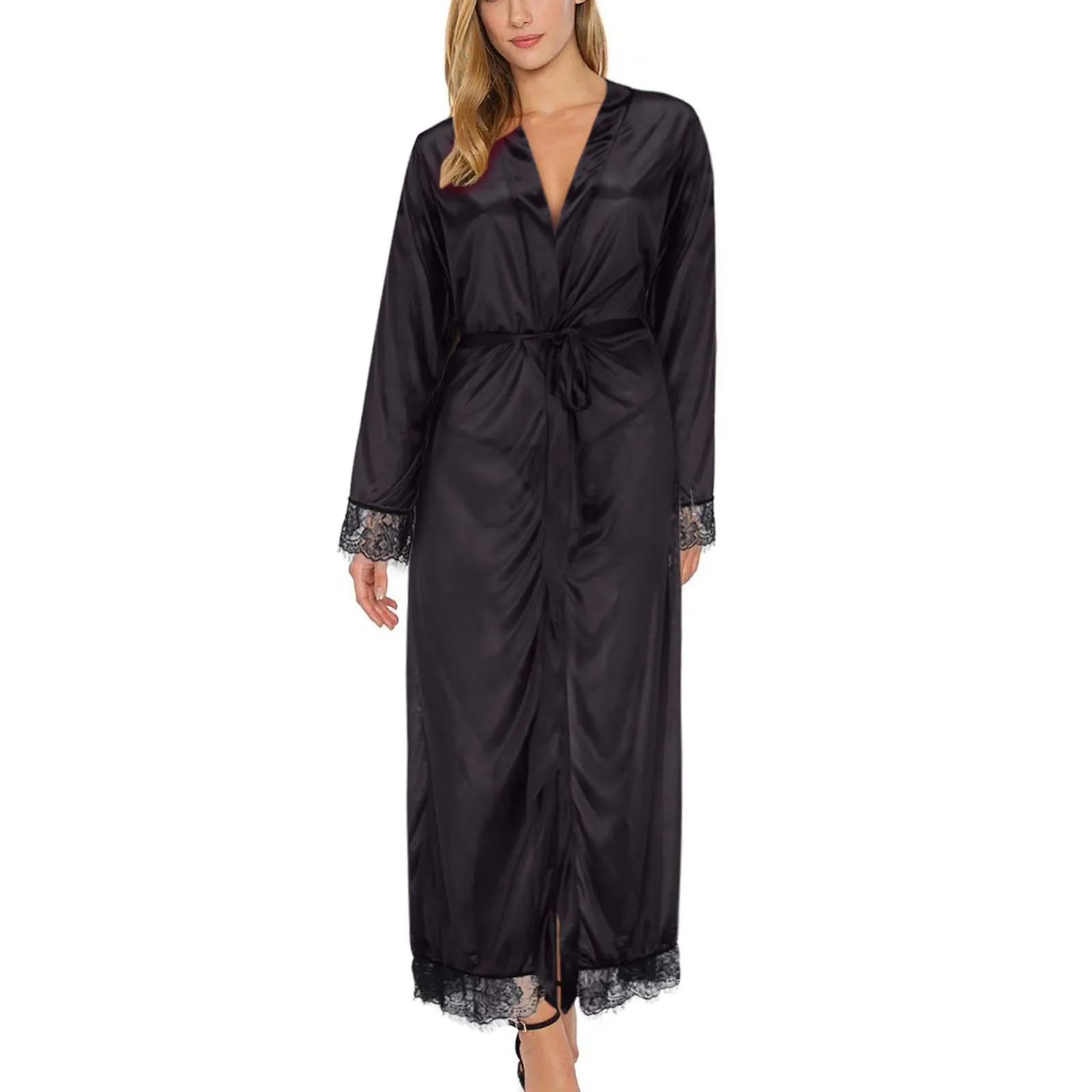 Women Ice Silk Pajamas Robes Sleepwear Nightgowns Nightdress Red Black Lace Smooth Soft Comfortable Casual Pure Color