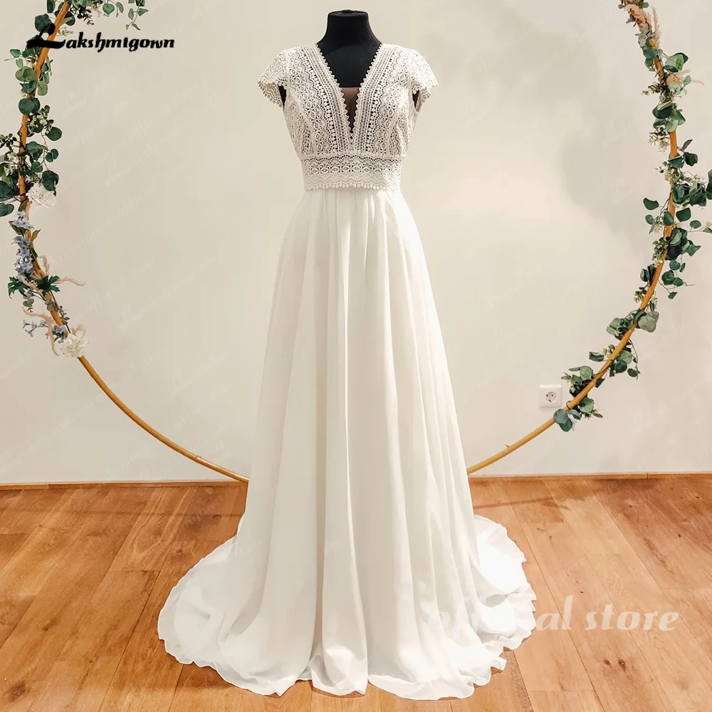 

Lakshmigown Lace Beach Cap Sleeve V Neck Wedding Dress for Women 2024 Bridal Gown Custom Made vestidos boda civil Robe