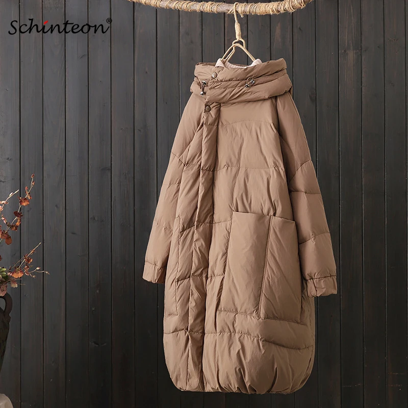 Schinteon Women White Duck Down Long Jacket with Hood Loose Over Size Casual Coat Autumn Winter Thick Warm Outwear Korean Style
