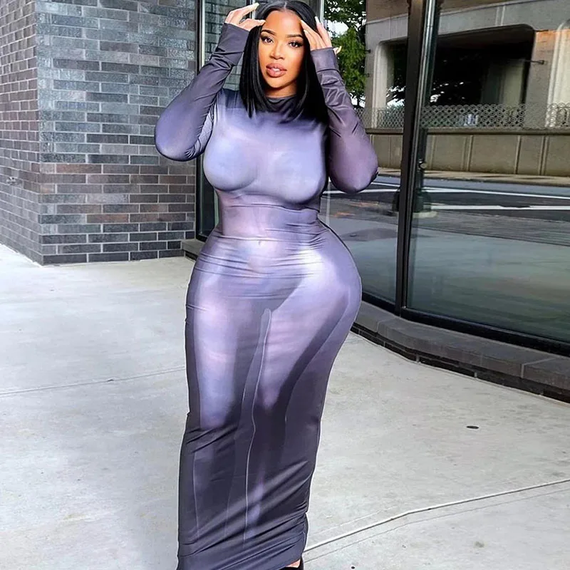 

Sexy Patchwork Print Bodycon Dress for Women Elegant Long Sleeve O-neck Party Club Wrap Dresses Casual Fashion Maxi Dress Robe