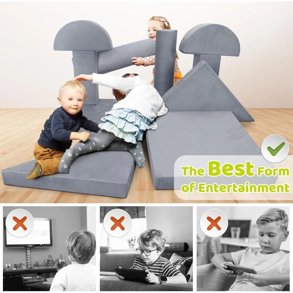 Kids Couch Sofa 10PCS, Premium Toddler Couch Fort for Child Teens, Modular Kids Couch Furniture, Grey 4