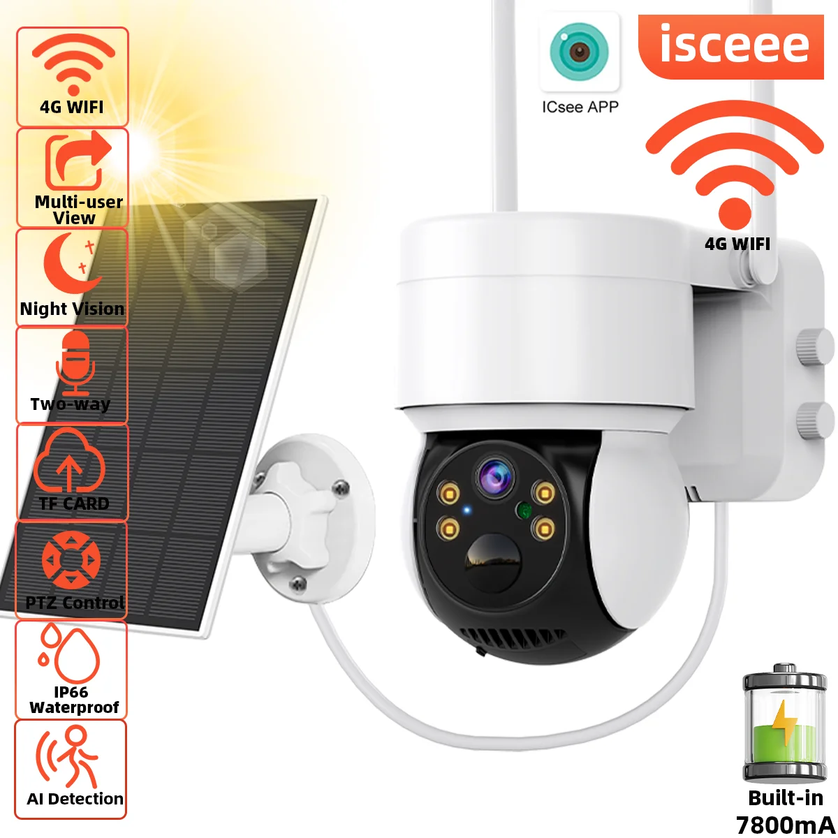 PIR 태양광 카메라 배터리, 야외 가정 감시 카메라, 4GWifi 태양광 패널, IP66 거리 카메라, iCSEE 컬러 야간, 2MP
