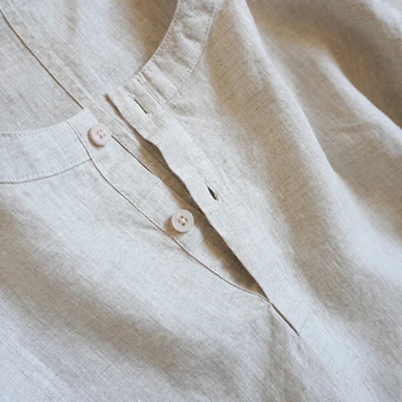 Chinese Style Linen Cotton Short Sleeve Shirt for Men Summer Round Neck Casual Loose-fit Breathable Lightweight Top