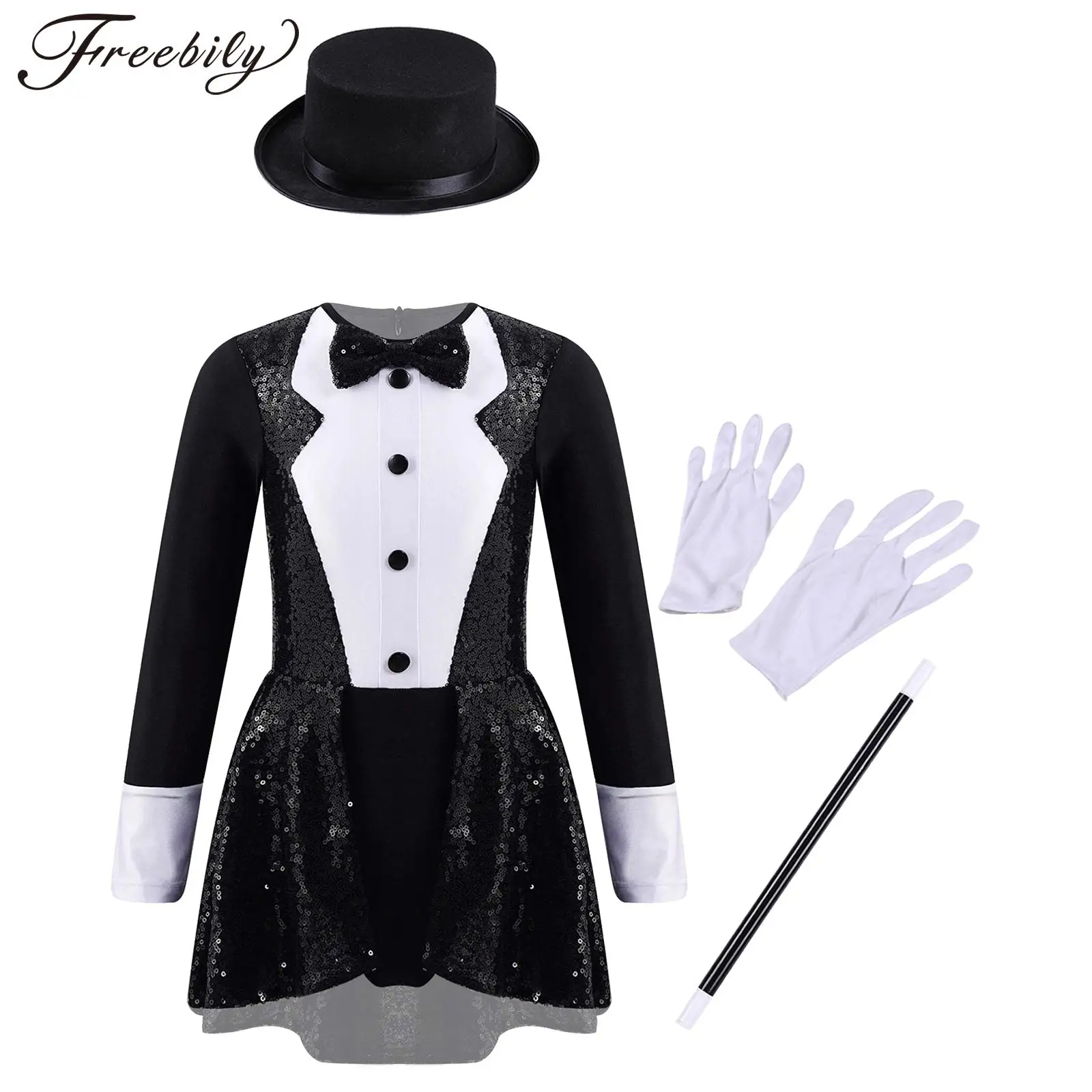 Kids Girls Magician Costume Halloween Circus Cosplay Performance Clothes Shiny Sequin Leotard Dress with Hat Magic Wand Gloves cosplay costume kids girls dress halloween dress outfit