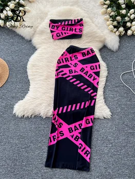 SINGREINY American Retro Sexy Two Pieces Sets Women Strapless Mini Tank Top+Elastic Bodycon Long SKirt Letter Print Party Suits
