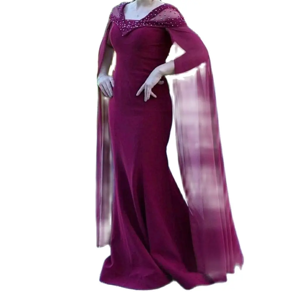 

Delicate Purple Chiffon Beading Mother Dresses Full Sleeves Sheath Sweep Train Custom-Made Vestido Para Madrinha De Casamento
