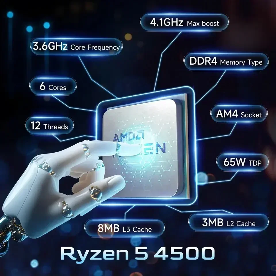 AMD Ryzen 5 4500 네이키드 패키징 소켓 AM4 6코어 12스레드 L3=8MB DDR4 프로세서 65W PCIe 3.0 7NM 새 CPU (팬 미포함)