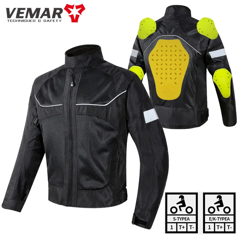 VEMAR 남성용 여름 오토바이 재킷 메쉬 통기성 스탠드 칼라 야간 반사 충격 방지 어깨 팔꿈치 등 보호대 포함