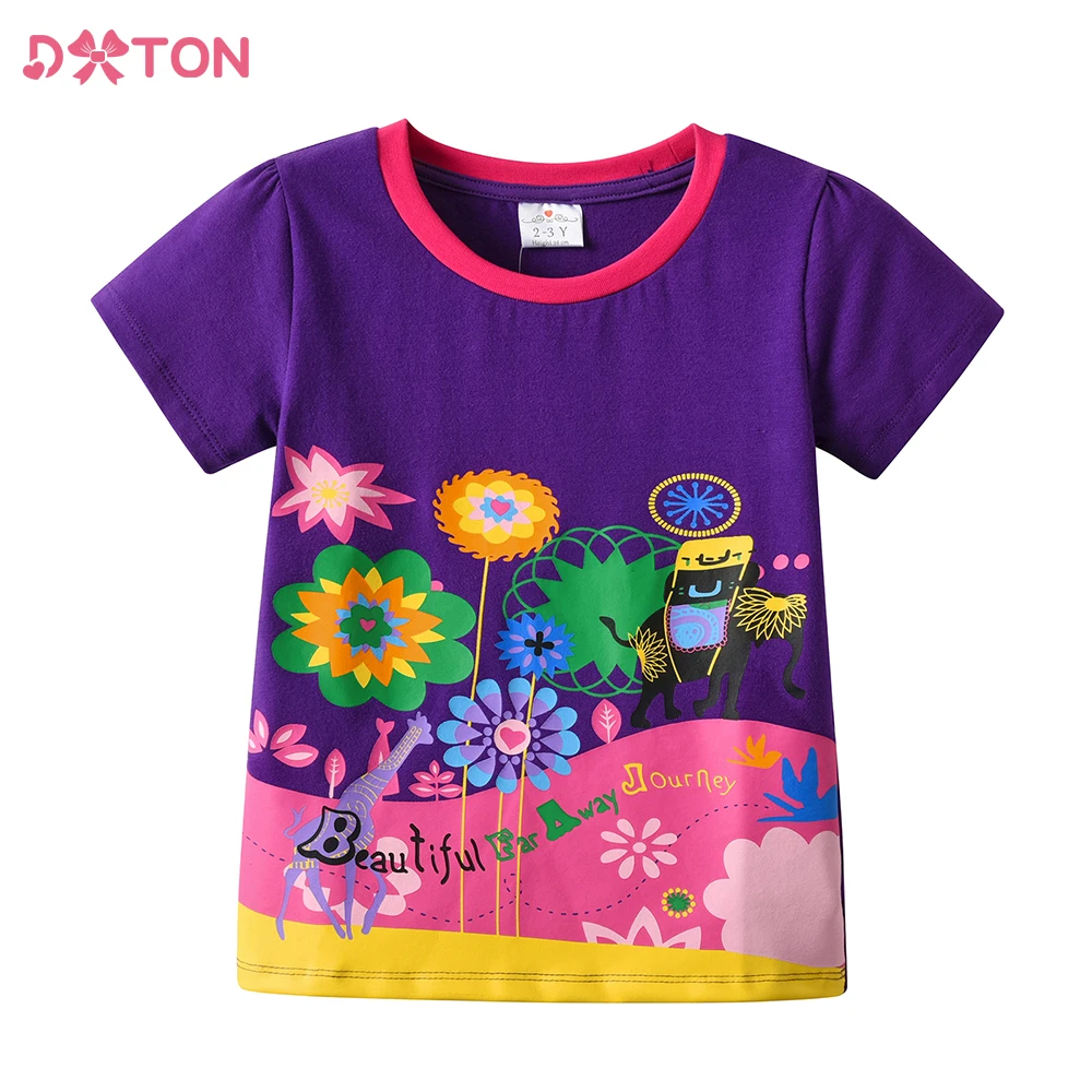 

DXTON Girls Floral Print T Shirt Kids Round Neck Summer Short Sleeve Cotton Tops and Tees Children Casual Wear Costumes 3-8 Yrs
