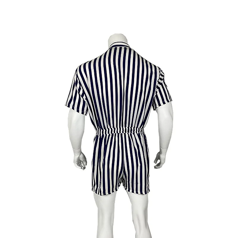 Summer Stripe Jumpsuit Men's Sets Short Sleeved Single Breasted Turndown Collar Lace Up Casual Pants Suit