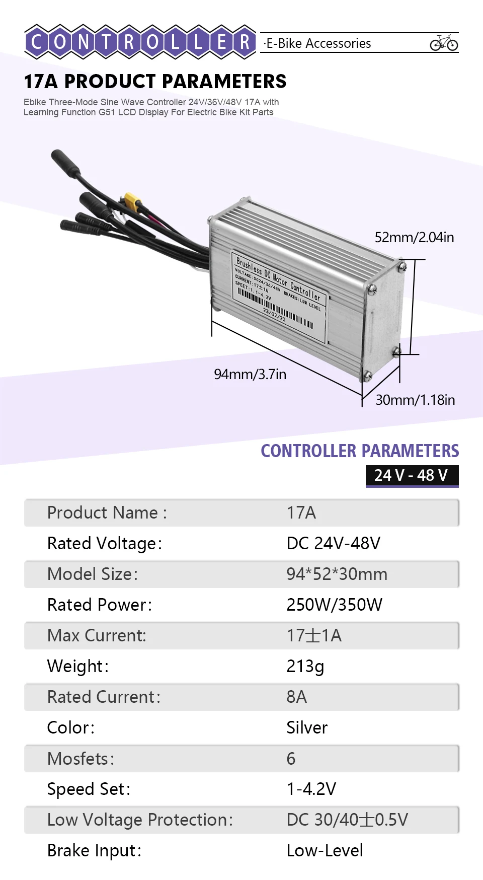 Ebike Sinuswellen-Controller, 350 W, elektrisches Fahrrad, bürstenloser Drei-Modus-Controller, 17 A wasserdichter Stecker, UART-Protokoll Nr. 2, keine Hall-Arbeit – Detail 2