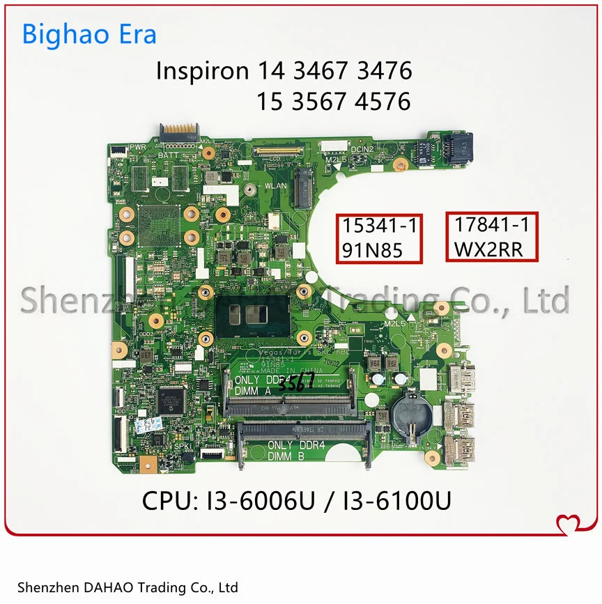 Placa-mãe Portátil para Dell 153411 17841-1 Dell 3467 3476 15 3567 3576 Intel I36006u I57200u I78550u Cpu Uma Ddr4 Cn0ry2y1