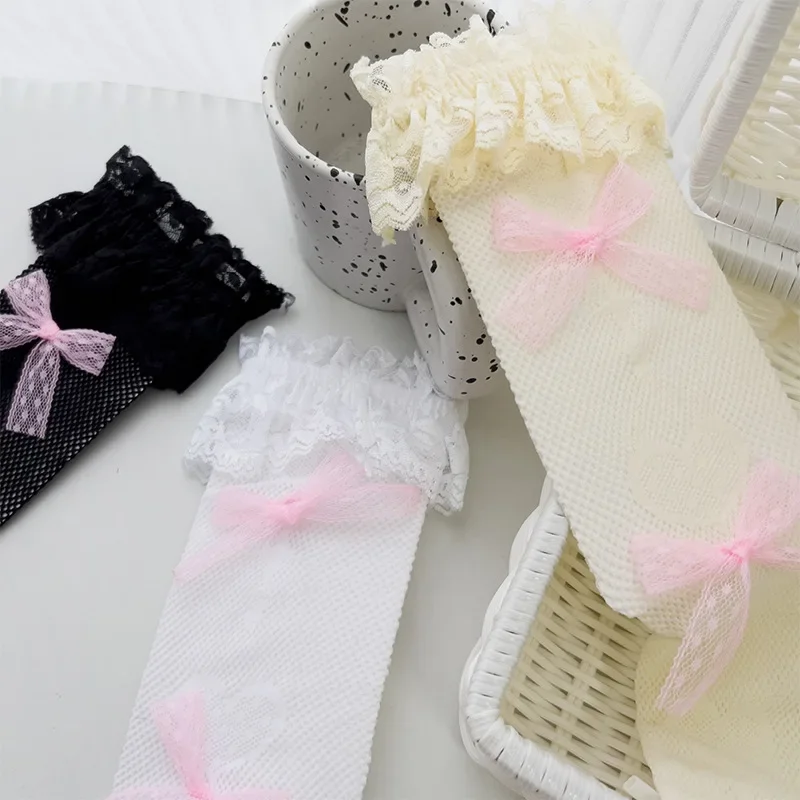 1 Pair Girls Knee High Socks Lace Mesh Hollow JK Calf Frilly Sock for Monther Child Girl Summer Thin Breathabnle Pile Sock