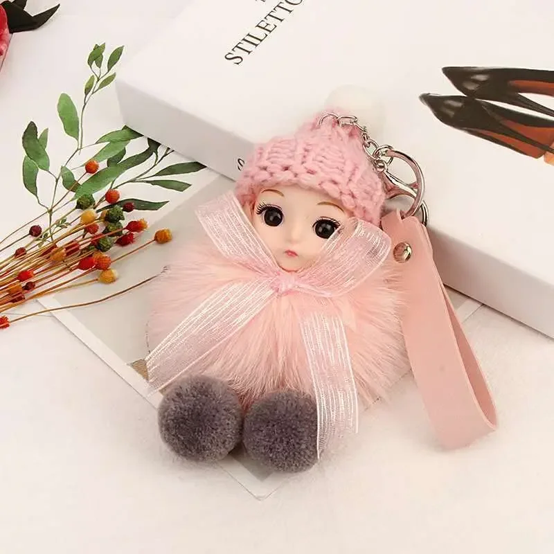 Portachiavi Con Pompon In Pelliccia Di Volpe 9 Cm - Simpatico Bambola Addormentata Per Zaino E Chiavi Auto - Morbido E Soffice