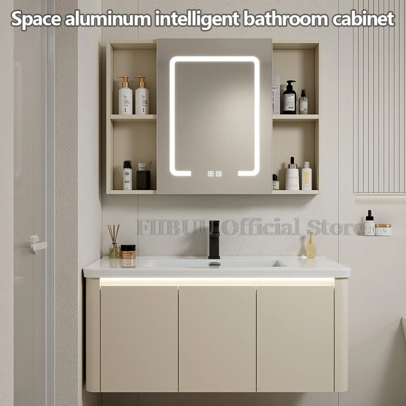 Bathroom Cabinet with Rounded Corners Ceramic Washbasin Wall-mounted Bathroom Dressing Storage Cabinet with Mirror and Faucet