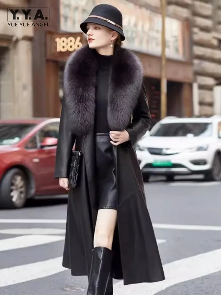 

Elegant Office Ladies Fox Fur Collar Fashion Slim Single Button Sheepskin Genuine Leather Long Coat Women Windbreakers Overcoat