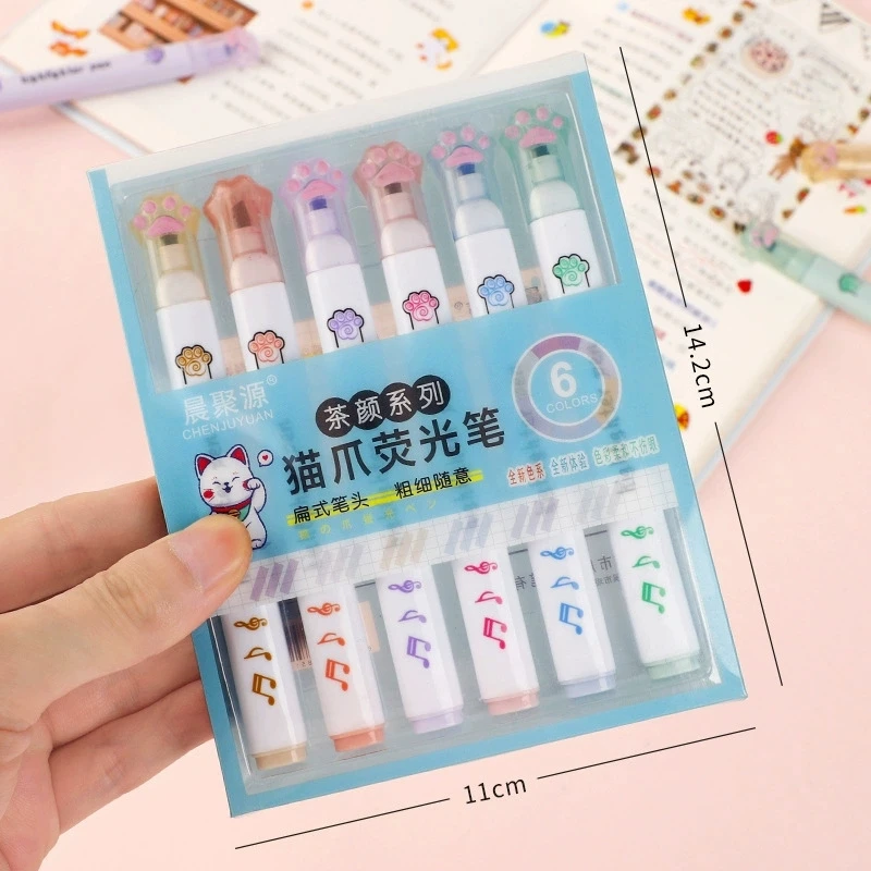 Kawaii cat claw highlighters Drawing art markers Fluorescent pen 6 Pcs School supplies Stationery marker pen