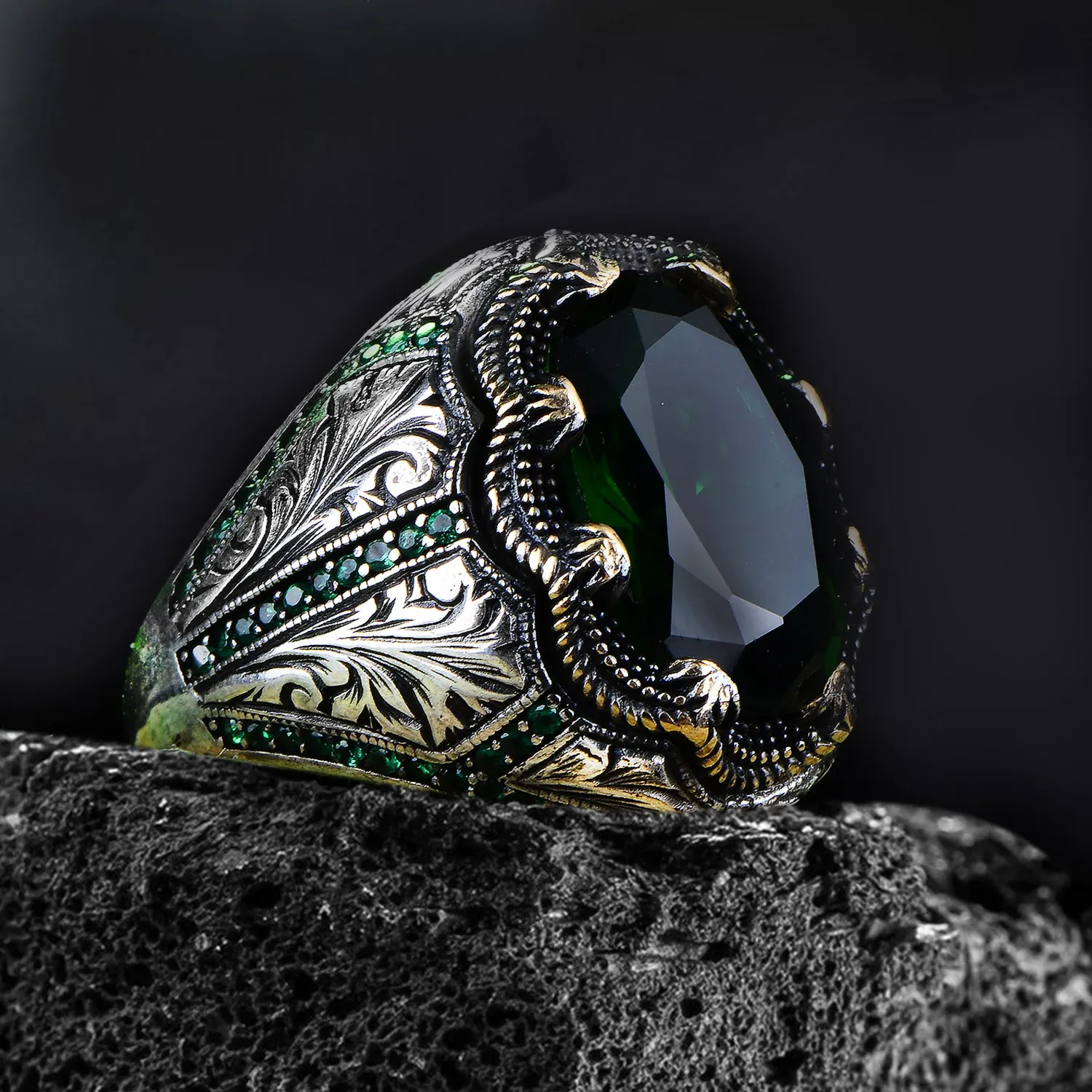 925k Turkish Handmade Sterling Silver ring Gift for Him Mens Handmade Ring Man Vintage Style Ring Green zircon Stone