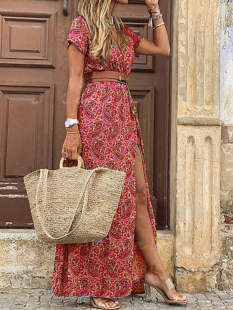 Long Sleeve Womens Summer Boho Long Maxi Dress Bohemian Vibe V-Neck  Backless Hollow Out Lantern